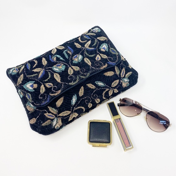 Zara Handbags - Zara Embroidered Velvet Black Ruched Clutch